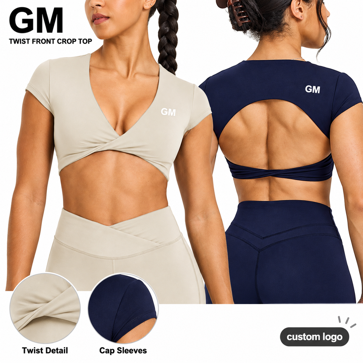 GM XS-XL Causal Outwear Women's Open Back Short Sleeve Yoga Top Solid Color Deep V Neck Twist Knot Cropped Fitted T-Shirt