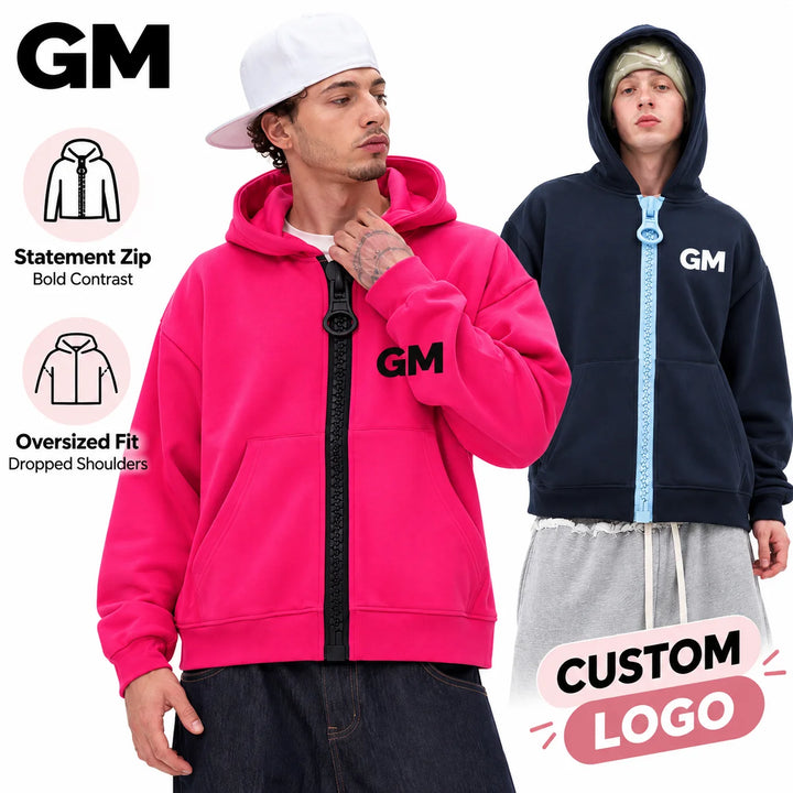 Oversized Contrast Statement Zip Washed Poly Cotton Fleece Zip Hoodie Sample