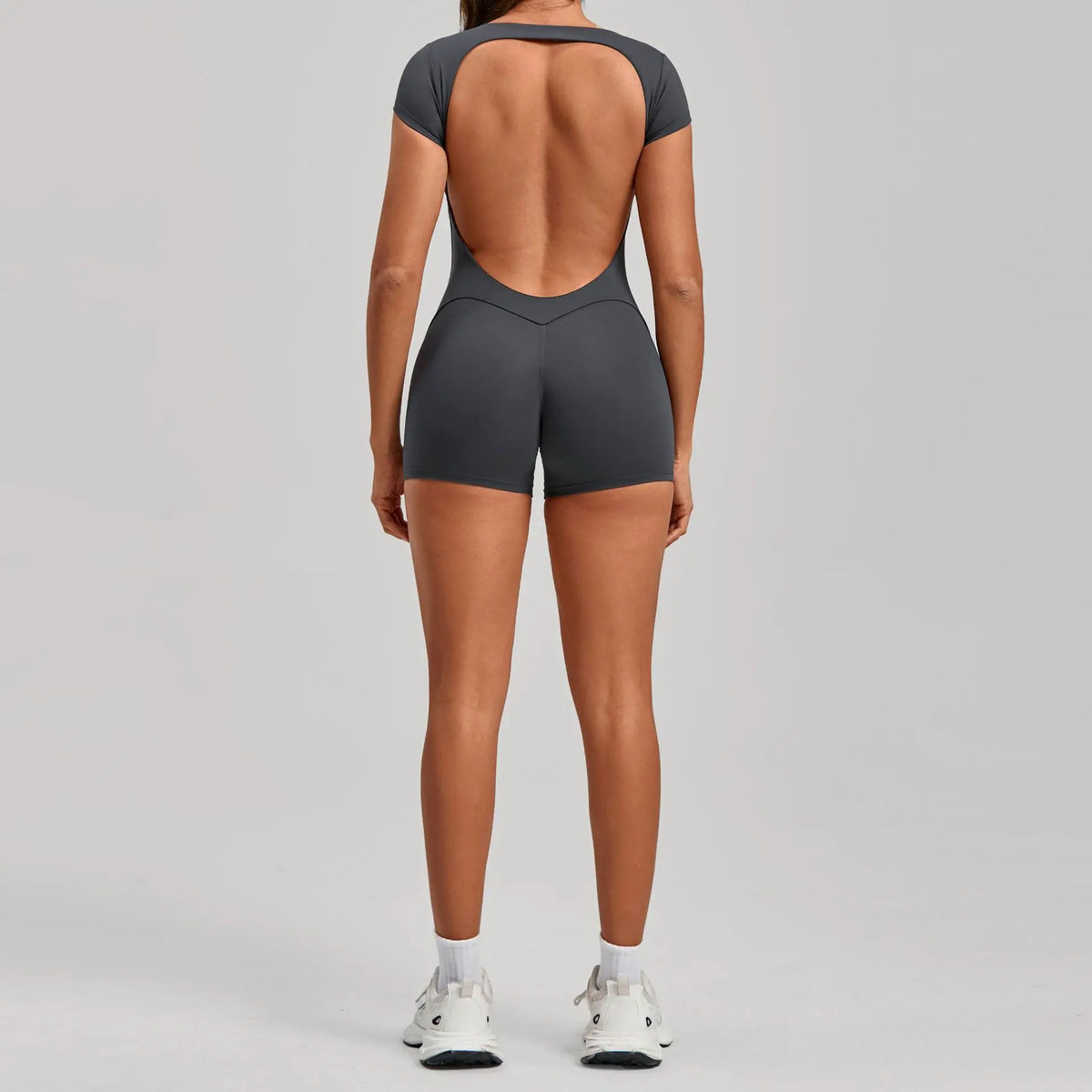 Short-Sleeve Open-Back Yoga Jumpsuit Sample