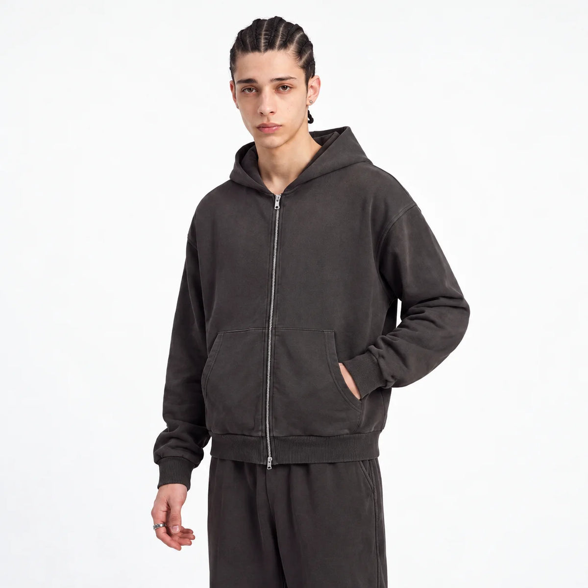 Relaxed Full-Zip Washed Poly Cotton Fleece Zip Hoodie Sample