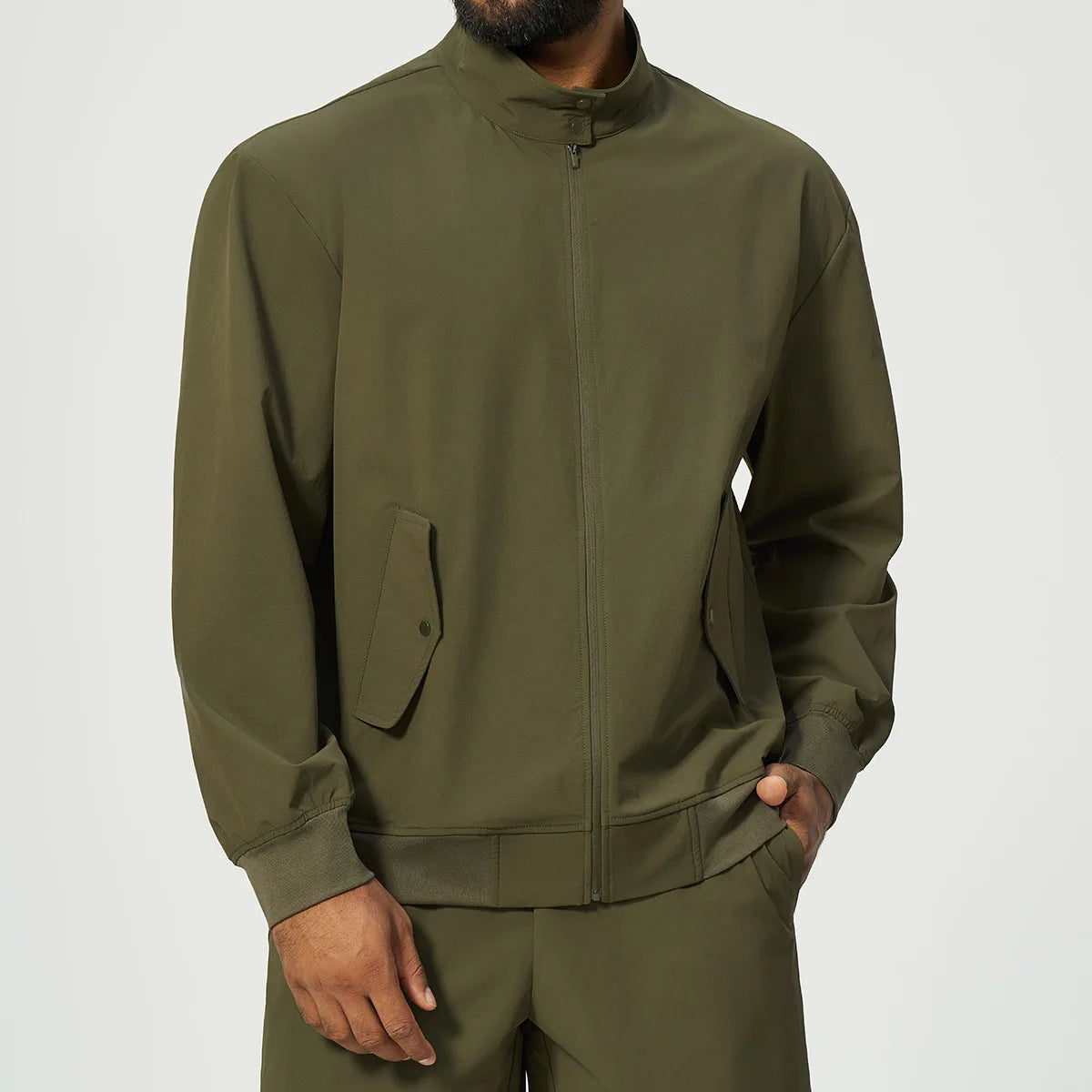 Stand Collar Full-Zip Recycled Nylon Spandex Bomber Jacket Sample