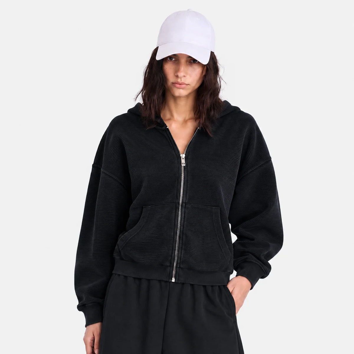 Vintage-Washed Waffle Knit Full-Zip Hoodie Sample