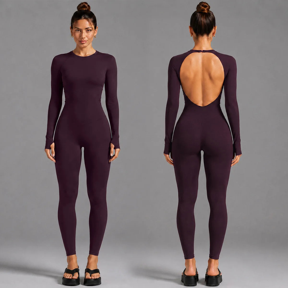Seamless Open Back Long Sleeve Thumb Hole Yoga Jumpsuit Sample