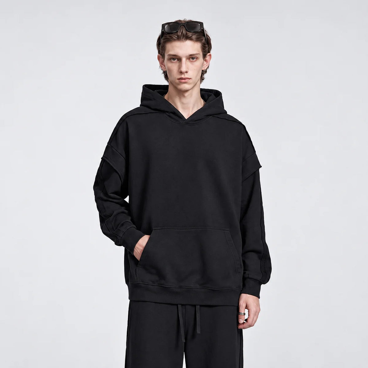 Oversized Striped-Sleeve Fleece Hoodie Sample