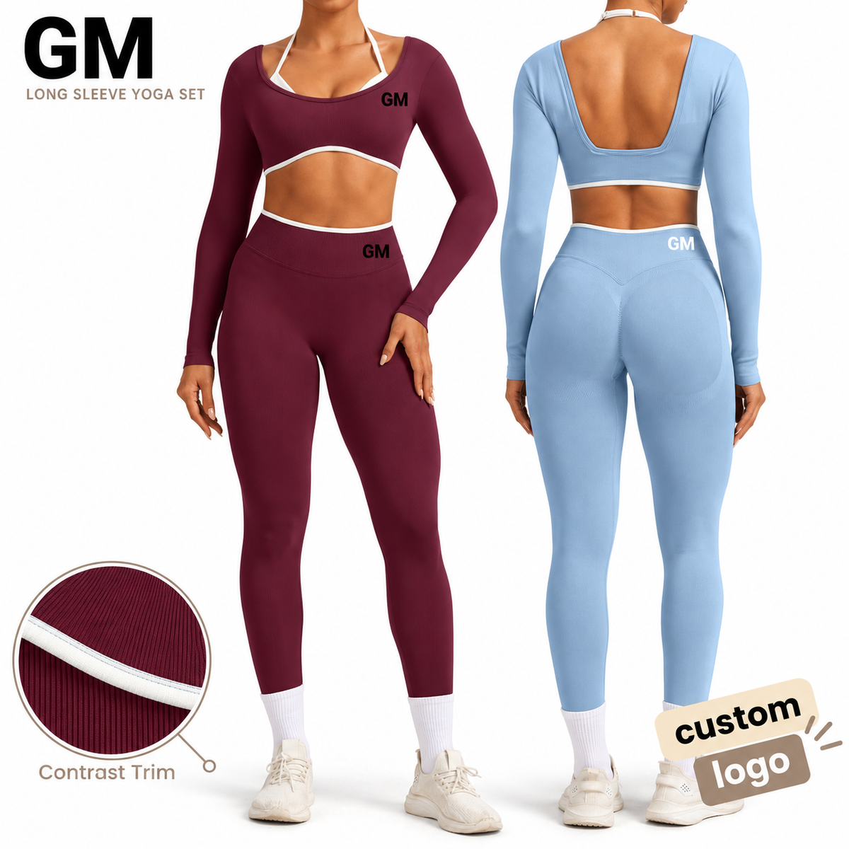GM Solid 90%Nylon Seamless Waist Elastic Scrunch Leggings Full Length High Quality Long Sleeve Top Yoga Gym Fitness 2-Piece Set
