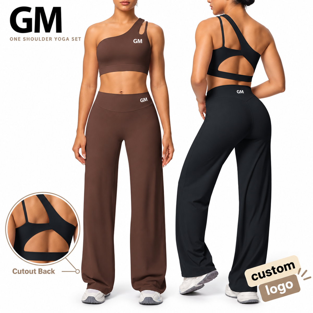 GH Custom High Quality 80%Nylon One-shoulder Backless Back Beauty Back Top Bra High Waist Straight Leg 2 Pcs Yoga Fitness Set